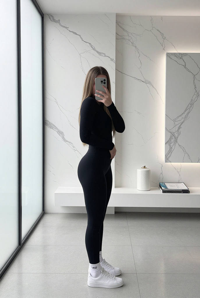 Ai yoga pants model indoor mirror selfie black outfit